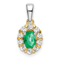 14k Two-tone Oval Emerald and Diamond Halo Pendant