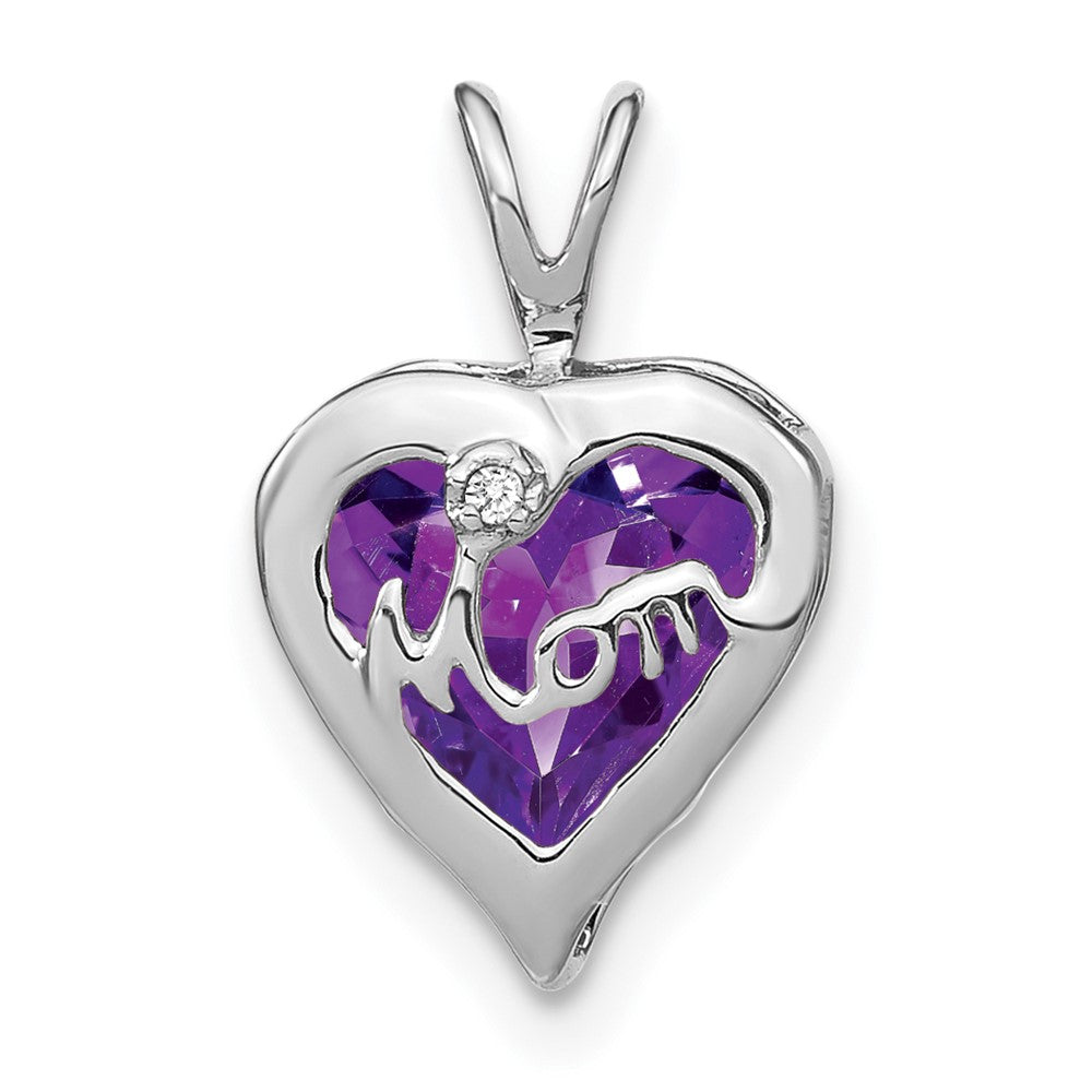 14k White Gold Amethyst and Diamond MOM Heart Pendant