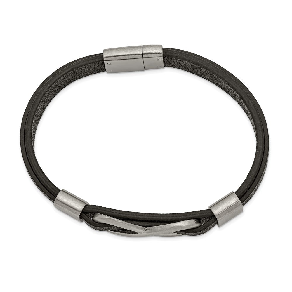 Chisel Stainless Steel Brushed and Polished Infinity Symbol Black Leather 8  inch Bracelet