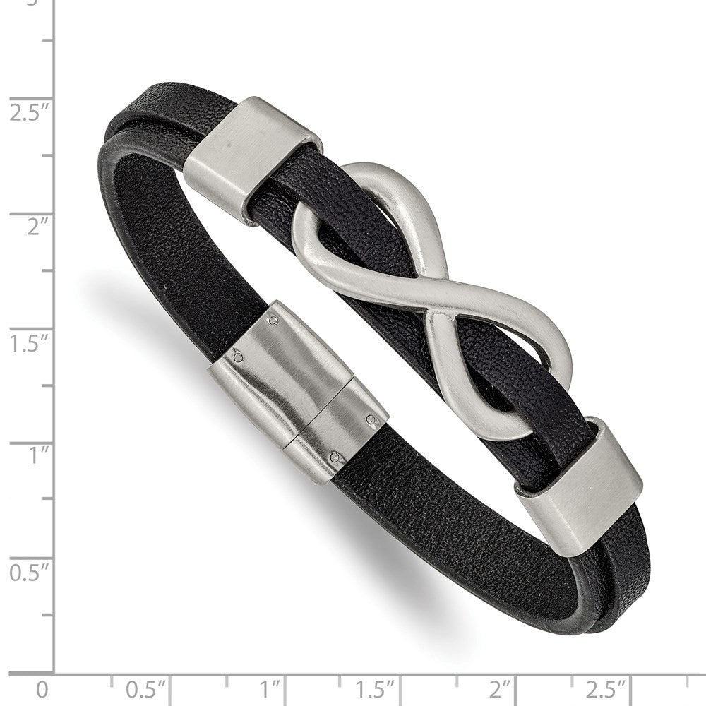 Chisel Stainless Steel Brushed and Polished Infinity Symbol Black Leather 8  inch Bracelet