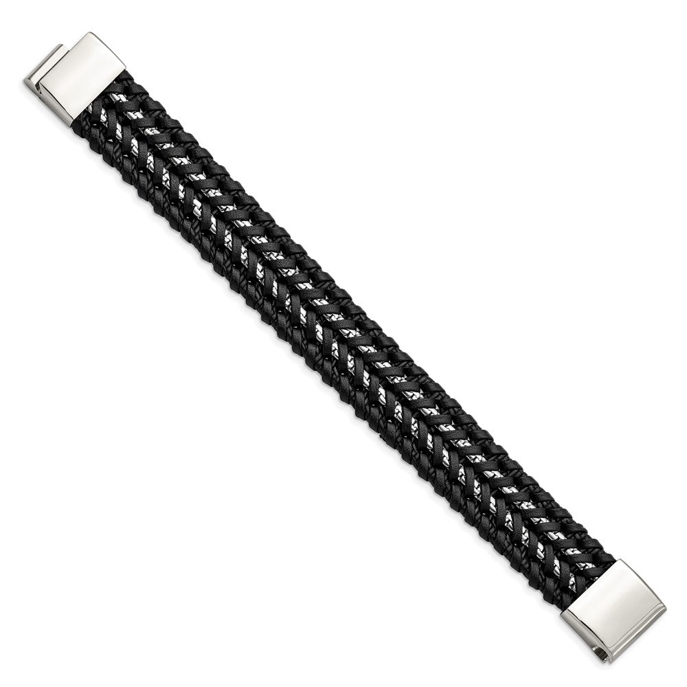 Chisel Stainless Steel Polished Black Woven Leather and Chain 8.5 inch  Bracelet