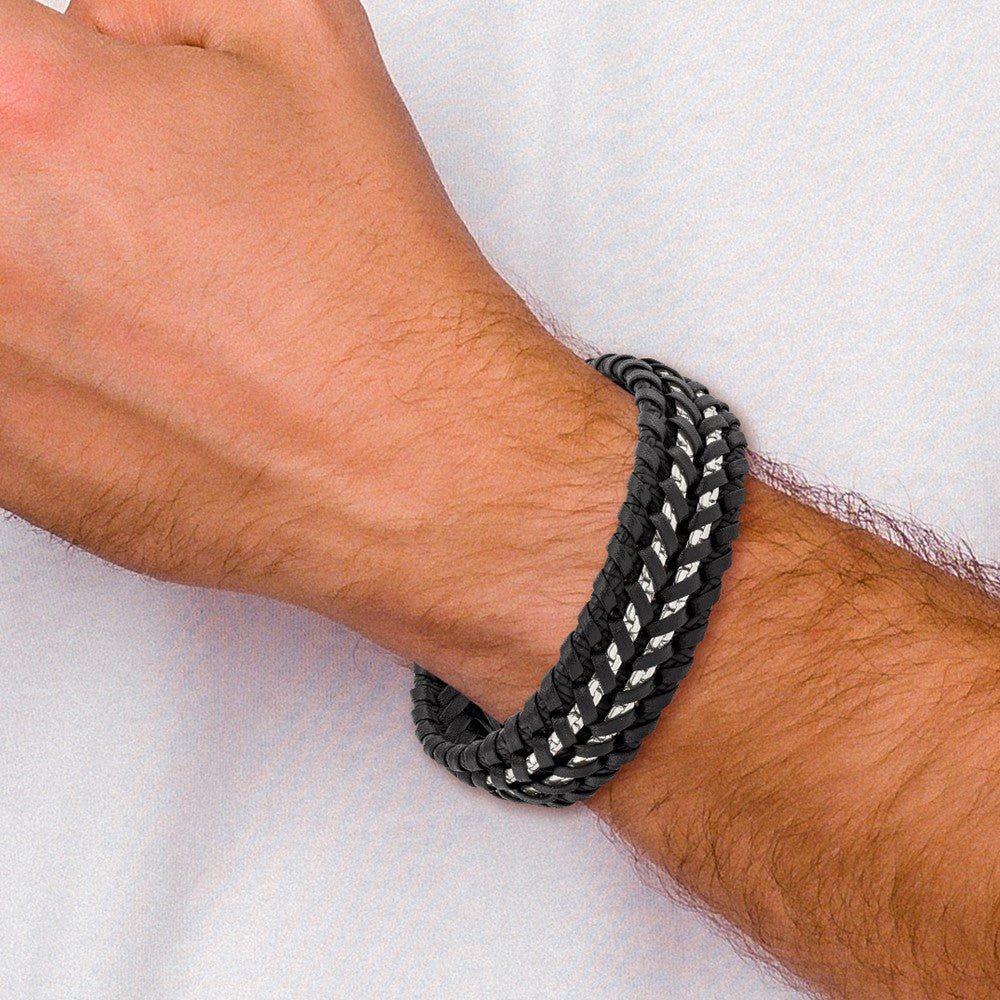 Chisel Stainless Steel Polished Black Woven Leather and Chain 8.5 inch  Bracelet