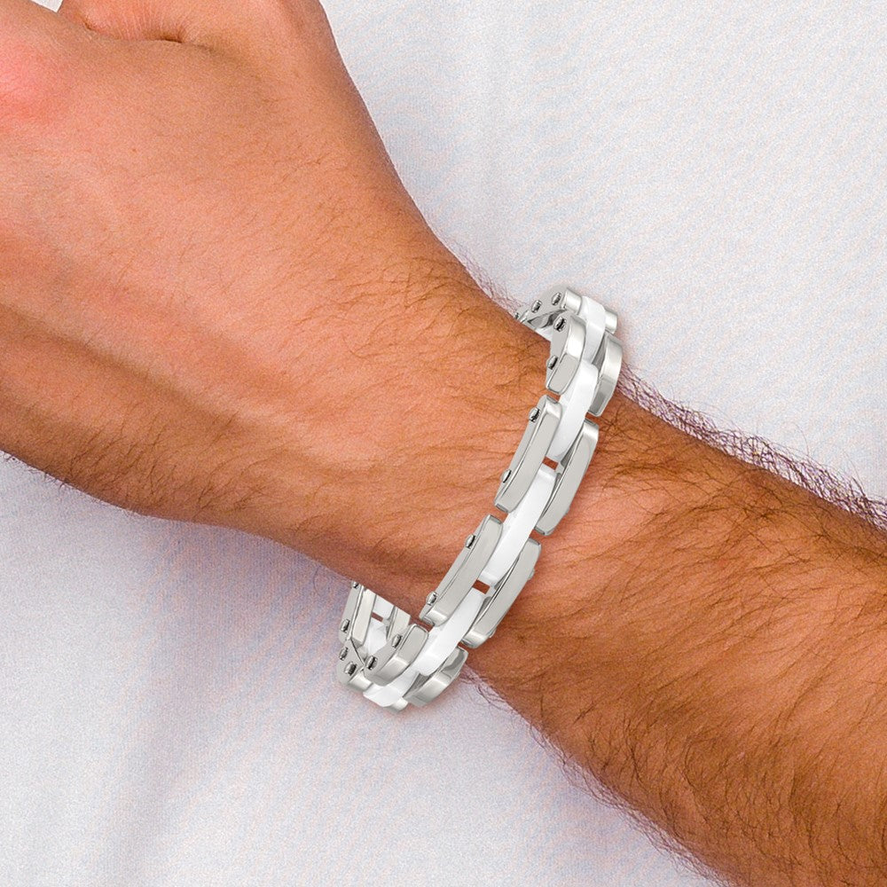 Chisel Stainless Steel Polished with White Ceramic 7.5 inch Link Bracelet