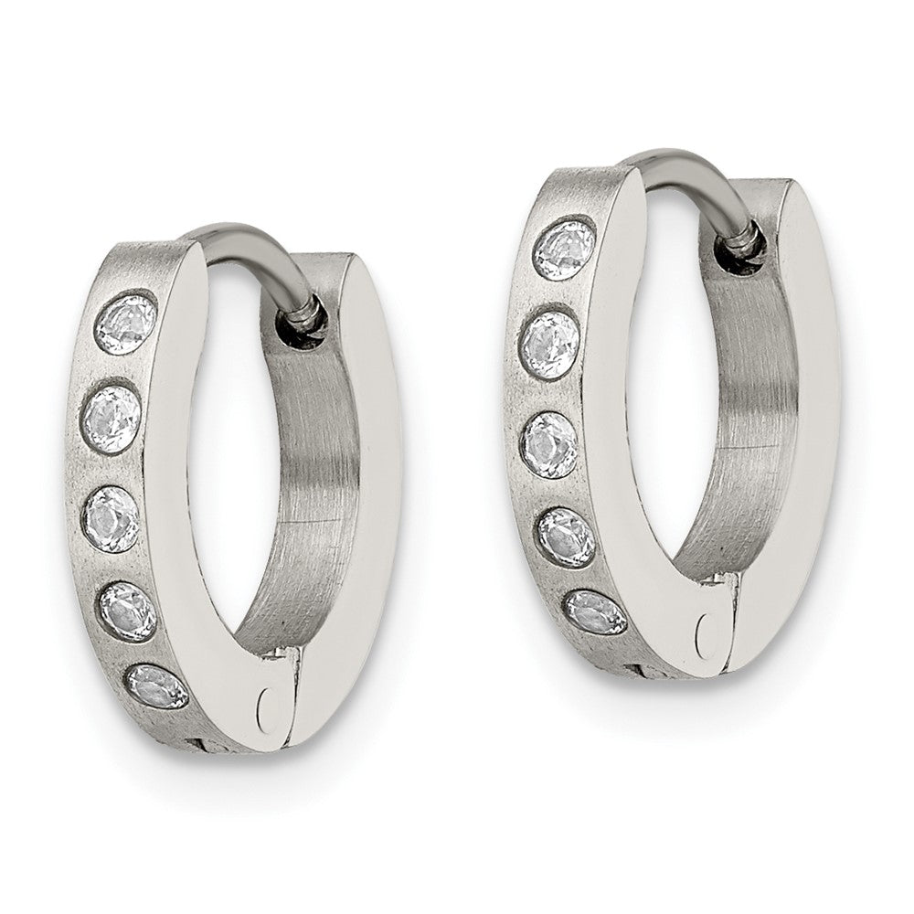 Stainless Steel Brushed and Polished w/CZ 2mm Hinged Hoop Earrings