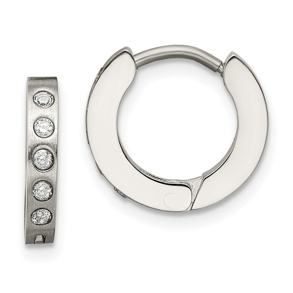 Stainless Steel Brushed and Polished w/CZ 2mm Hinged Hoop Earrings