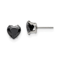 Stainless Steel Polished 8mm Black Heart CZ Stud Post Earrings