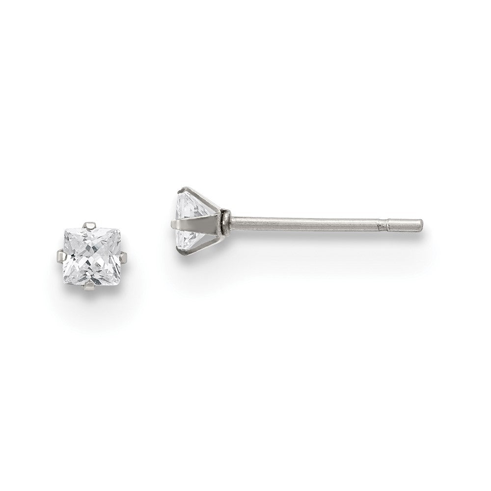 Stainless Steel Polished 3mm Square CZ Stud Post Earrings