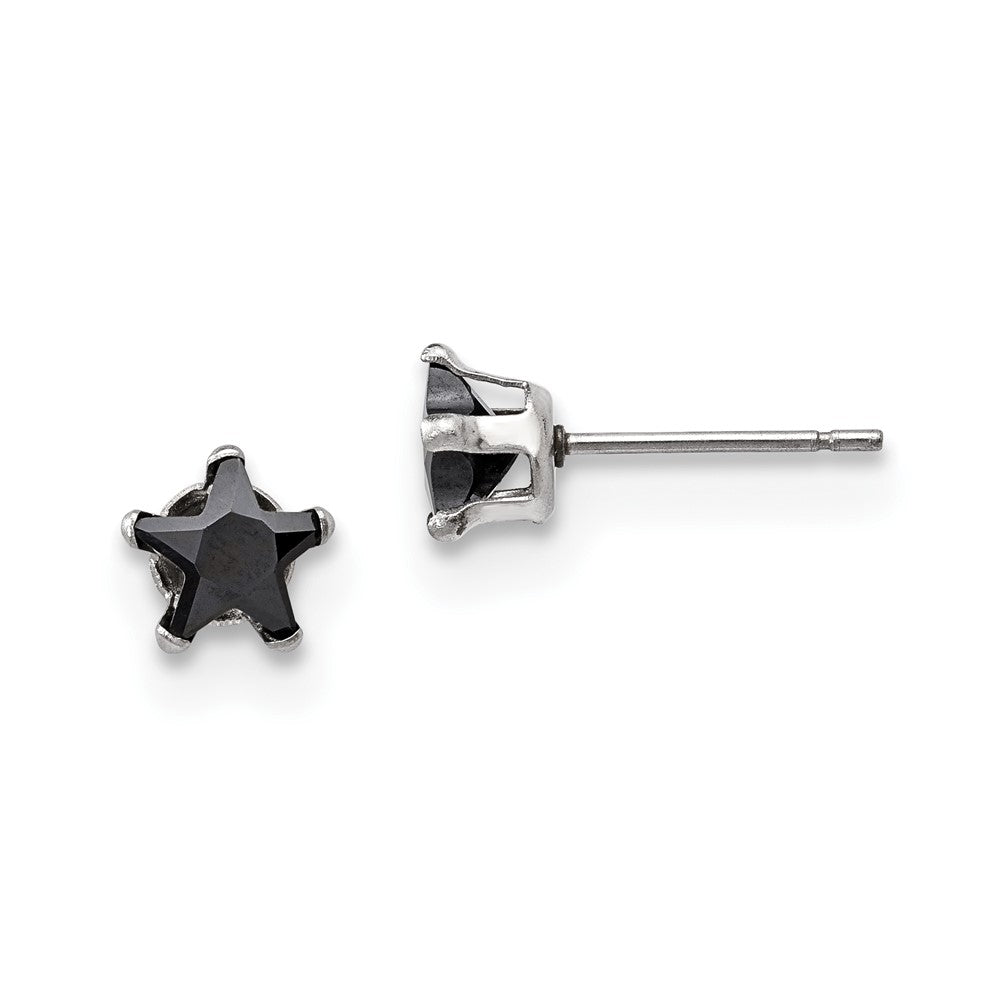 Stainless Steel Polished 6mm Black Star CZ Stud Post Earrings