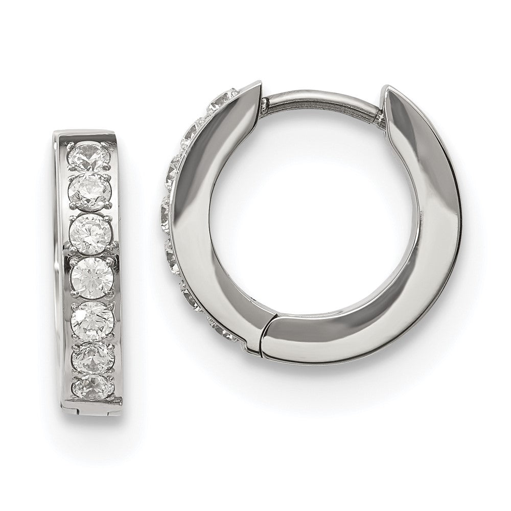 Stainless Steel Polished with 1 Row of CZ 2.3mm Hinged Hoop Earrings