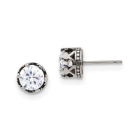 Stainless Steel Antiqued and Polished w/CZ Crown Post Earrings