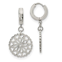 Stainless Steel Polished Flower Dangle Hinged Hoop Earrings