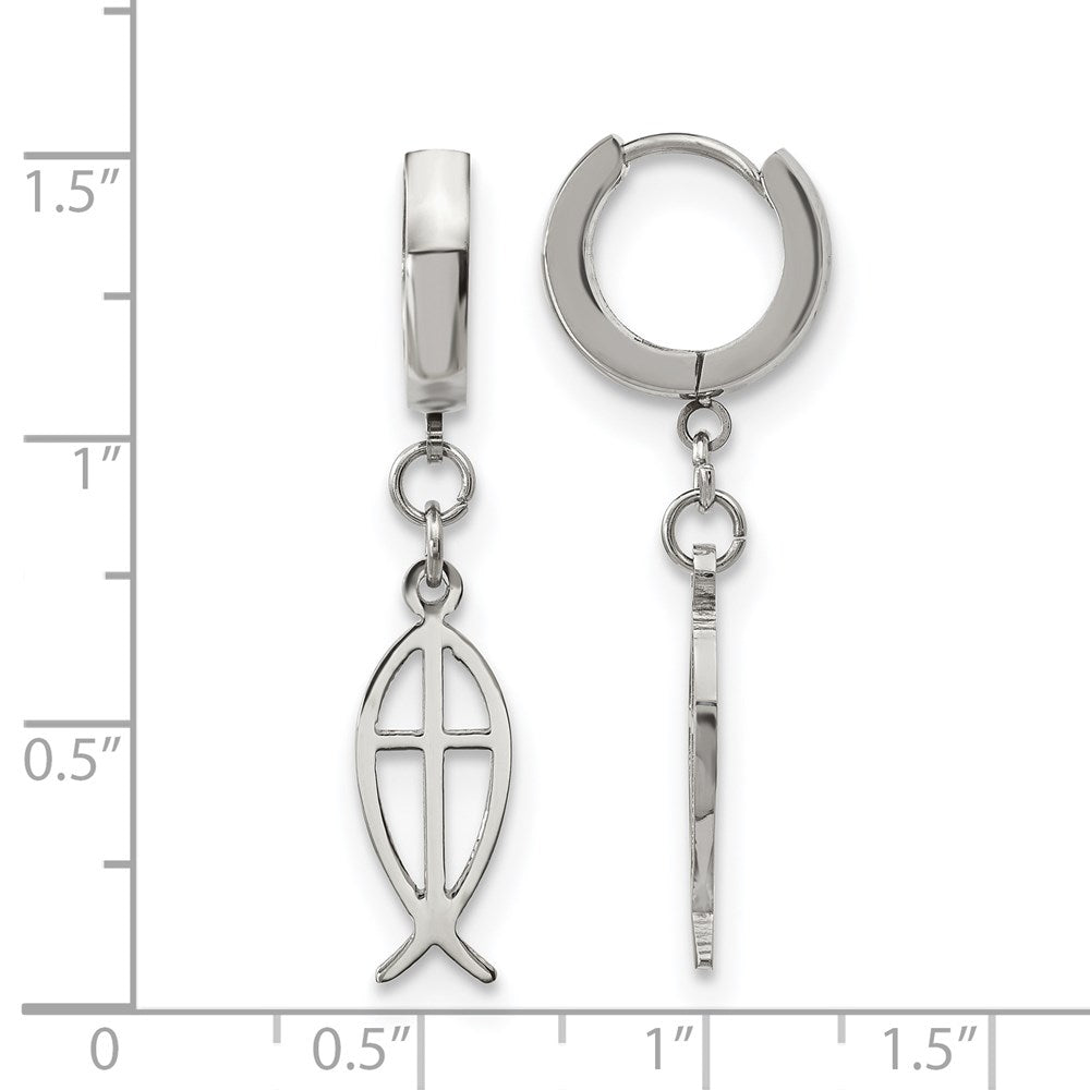 Stainless Steel Polished Ichthus Hinged Hoop Dangle Earrings