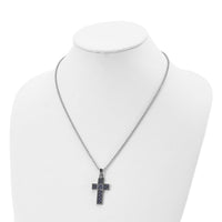 Chisel Stainless Steel Polished Black and Blue Carbon Fiber Inlay Cross Pendant on a 20 inch Ball Chain Necklace