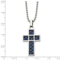 Chisel Stainless Steel Polished Black and Blue Carbon Fiber Inlay Cross Pendant on a 20 inch Ball Chain Necklace