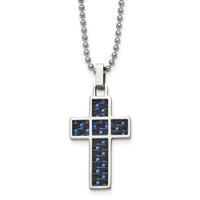 Chisel Stainless Steel Polished Black and Blue Carbon Fiber Inlay Cross Pendant on a 20 inch Ball Chain Necklace