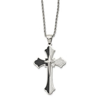 Chisel Stainless Steel Polished Black IP-plated Laser cut Cross Pendant on a 24 inch Rope Chain Necklace