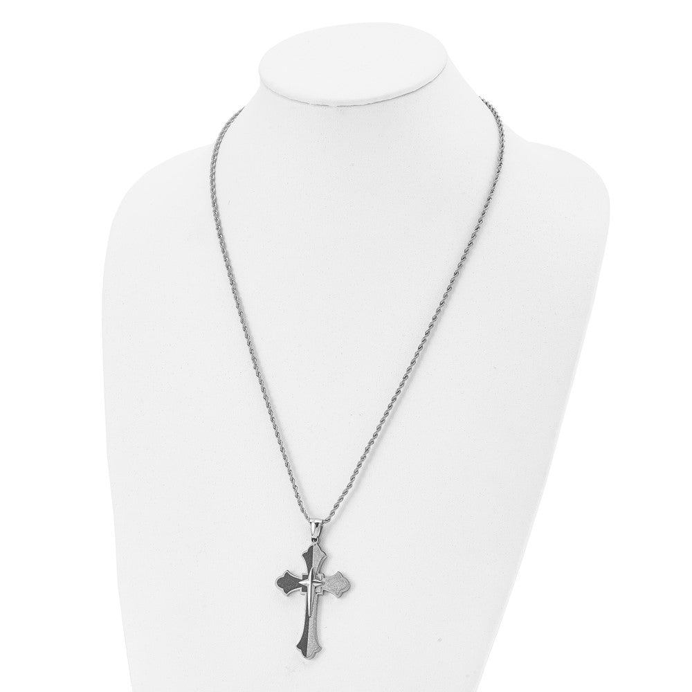 Chisel Stainless Steel Polished Black IP-plated Laser cut Cross Pendant on a 24 inch Rope Chain Necklace