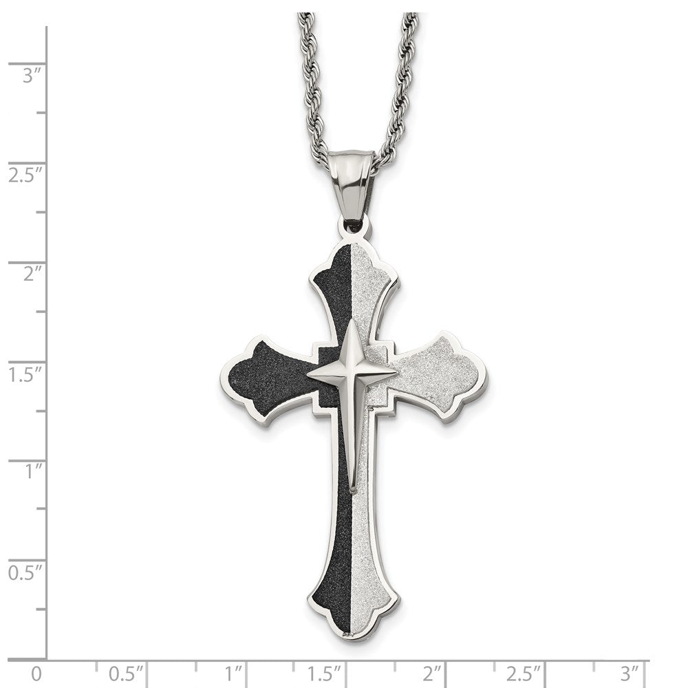 Chisel Stainless Steel Polished Black IP-plated Laser cut Cross Pendant on a 24 inch Rope Chain Necklace