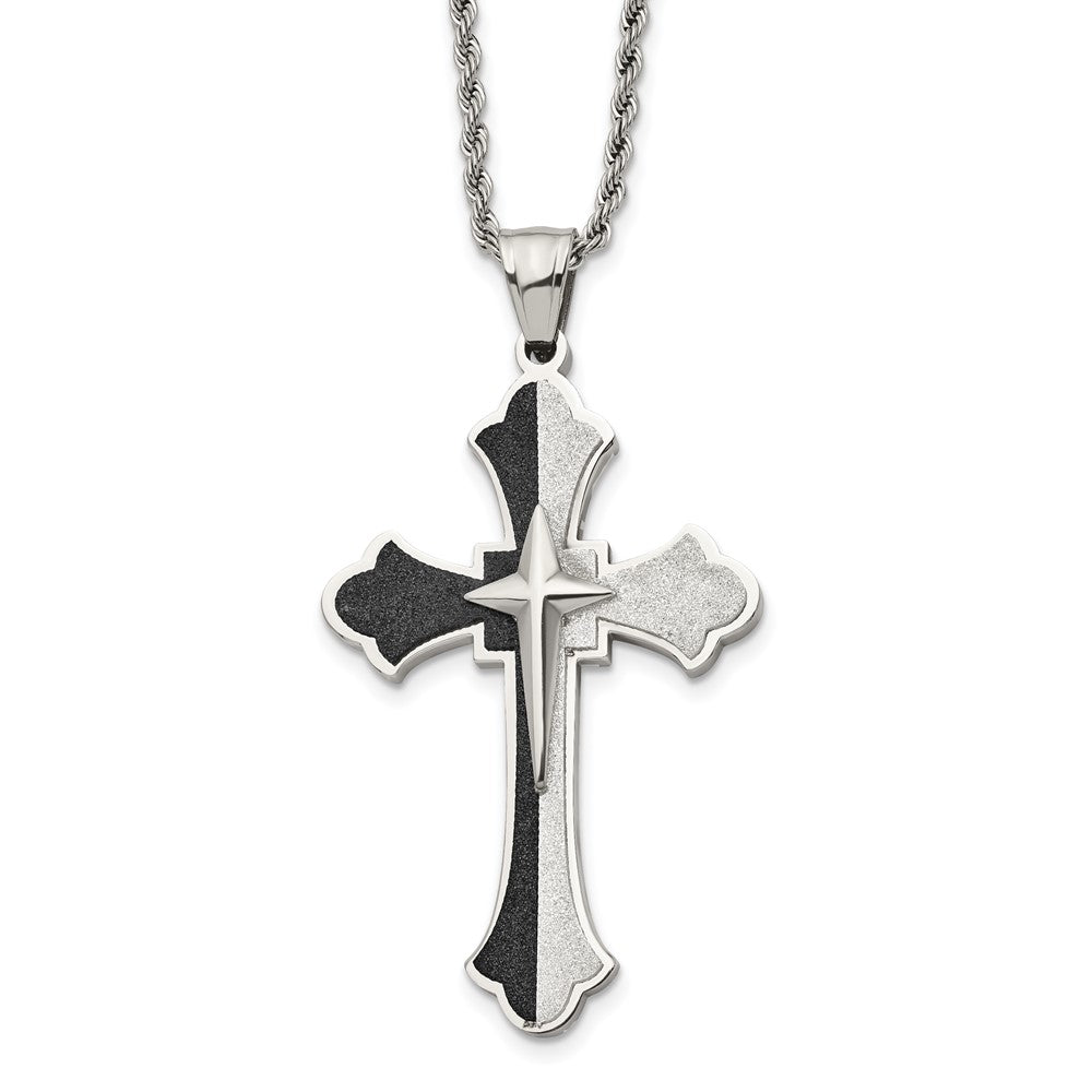 Chisel Stainless Steel Polished Black IP-plated Laser cut Cross Pendant on a 24 inch Rope Chain Necklace