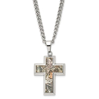 Stainless Steel Polished Printed Camo Under Rubber Cross 24in Necklace