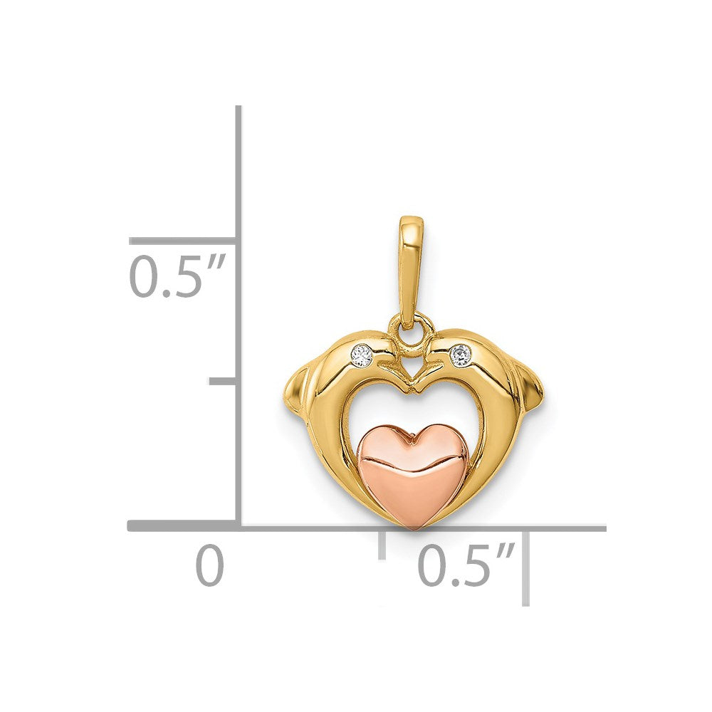 14K Two-tone CZ Dolphins with Heart Pendant 3